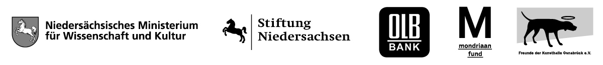 Logoblock Niedersächsiches Ministerium für Wissenschaft und Kultur, Stiftung Niedersachsen, Oldenburgische Landesbank, Mondriaan Fund, Freunde der Kunsthalle Osnabrück.